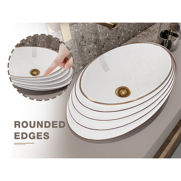 MEJE 21" Rose Gold Embossed Art Basin, Ceramic Slant Oval Bathroom Sink (with Pop Up Drain